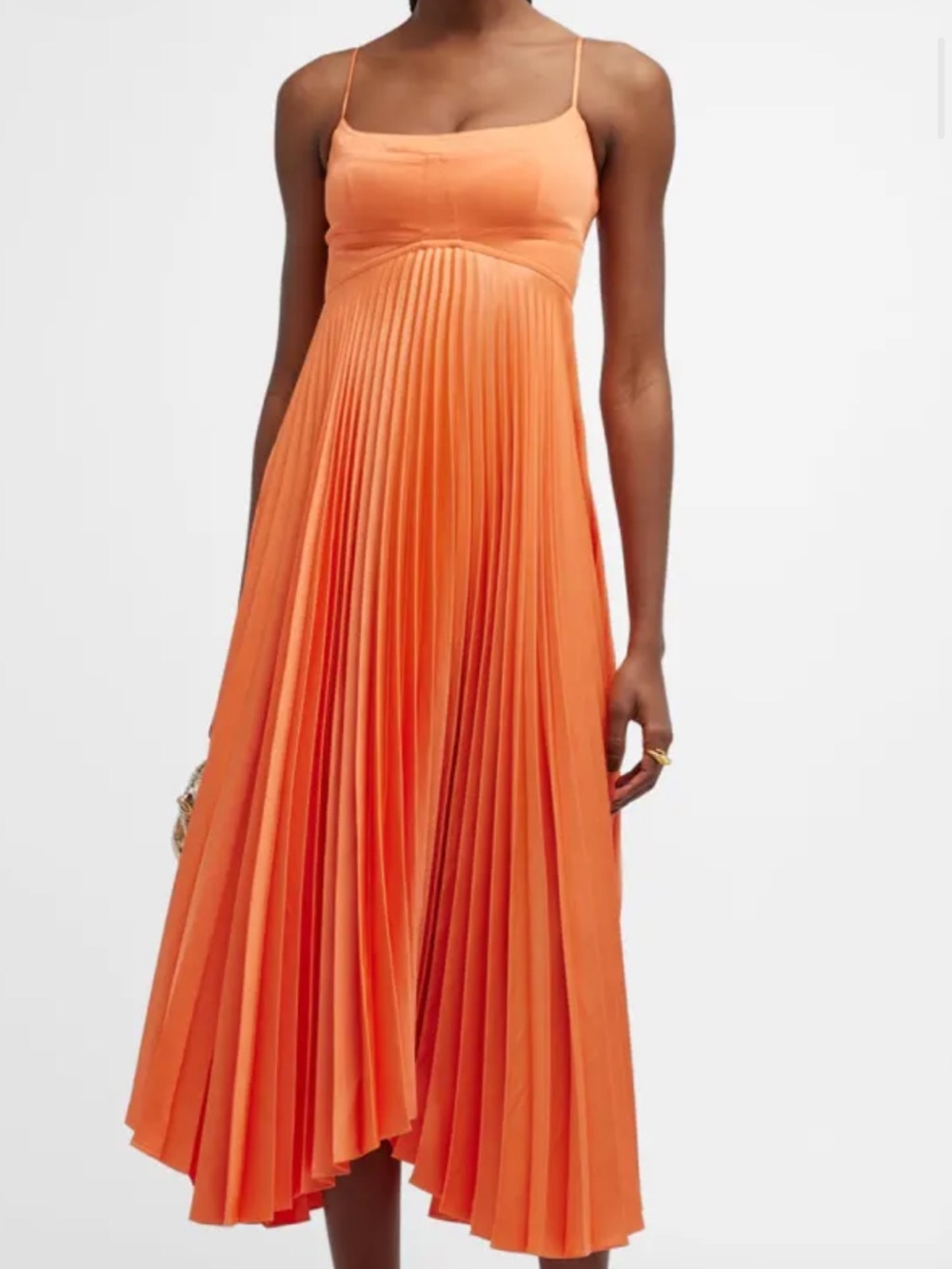 A.L.C. Spaghetti Strap Pleated Midi Dress in Vibrant Orange